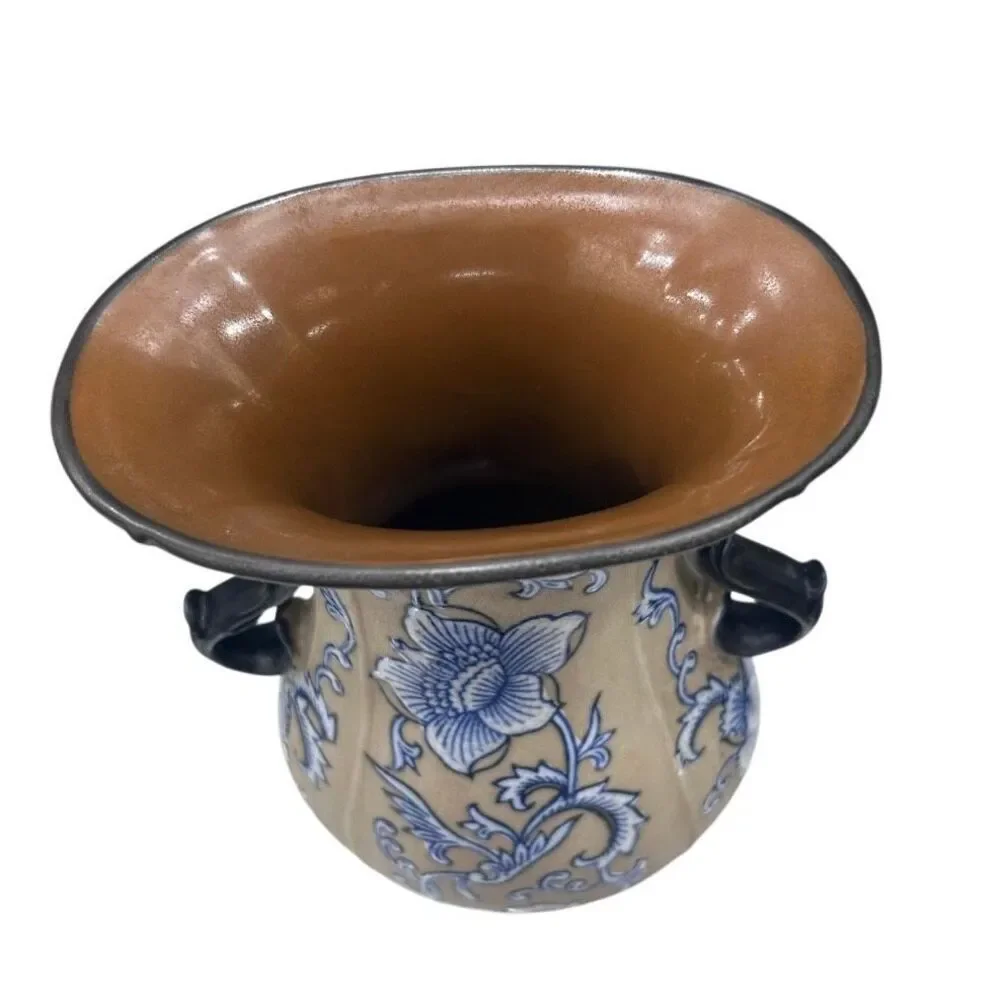 Vintage Formalities By Bauym Bros. Stoneware Vase Medium Blue Tan Floral Ceramic